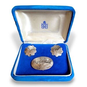 Vintage WFS Sterling Silver Brooch & Screwback Earrings Set | Floral | Birks Box